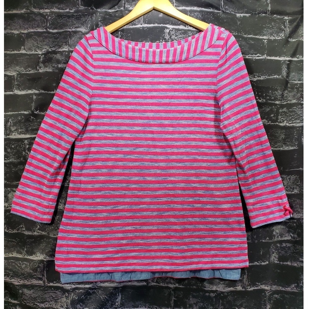 Talbots Top Womens Medium Pink Blue Striped Boat Neck 3/4 Sleeve Preppy Casual